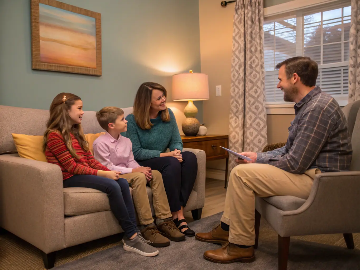 A warm and inviting family counseling room with a comfortable couch, soft pillows, and Prince-themed decor, where a family is engaged in a heartfelt conversation with a counselor.