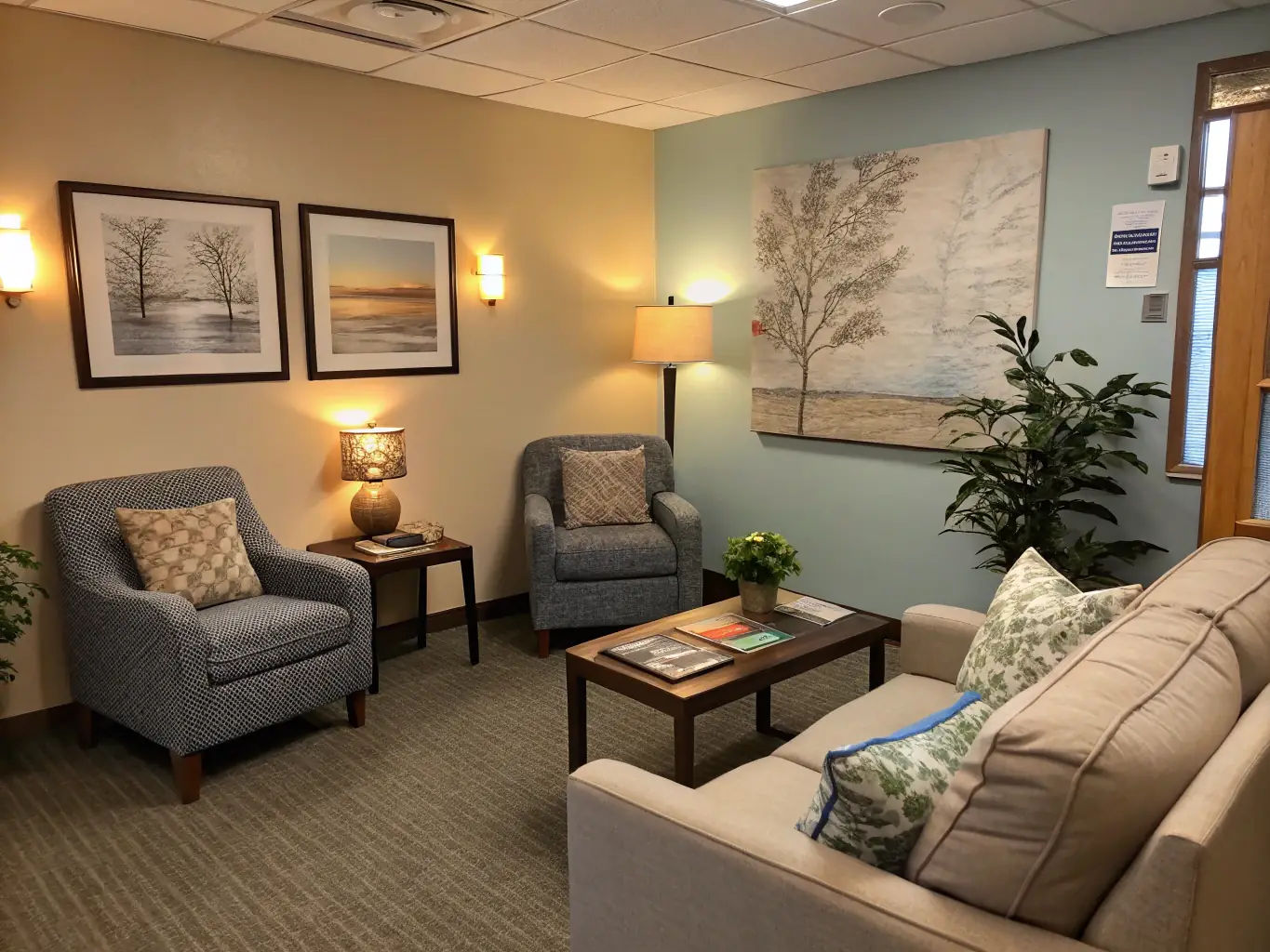 A serene and inviting counseling room with comfortable seating, soft lighting, and Prince-inspired artwork on the walls, creating a calming atmosphere for individual therapy sessions at Nooma Counseling.