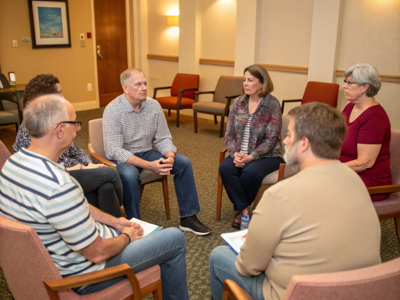 A diverse group of individuals sitting comfortably in a circle, engaged in an open and supportive group therapy session at Nooma Counseling, with a therapist facilitating the discussion.